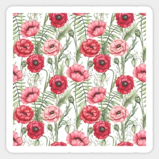 Watercolor Light Green Leaves, Red and Pink Poppies Sticker